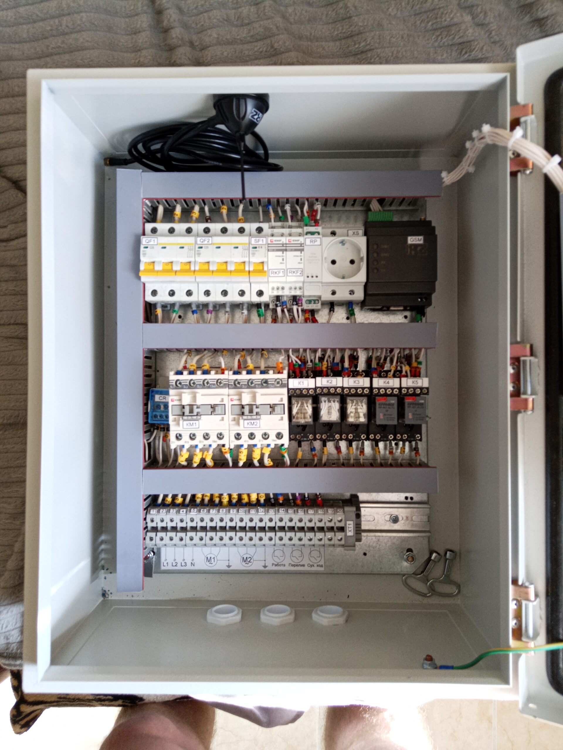 Первый серийный шкаф Automation Shield внутри: аккуратный монтаж, клеммники, контакторы, GSM-модуль