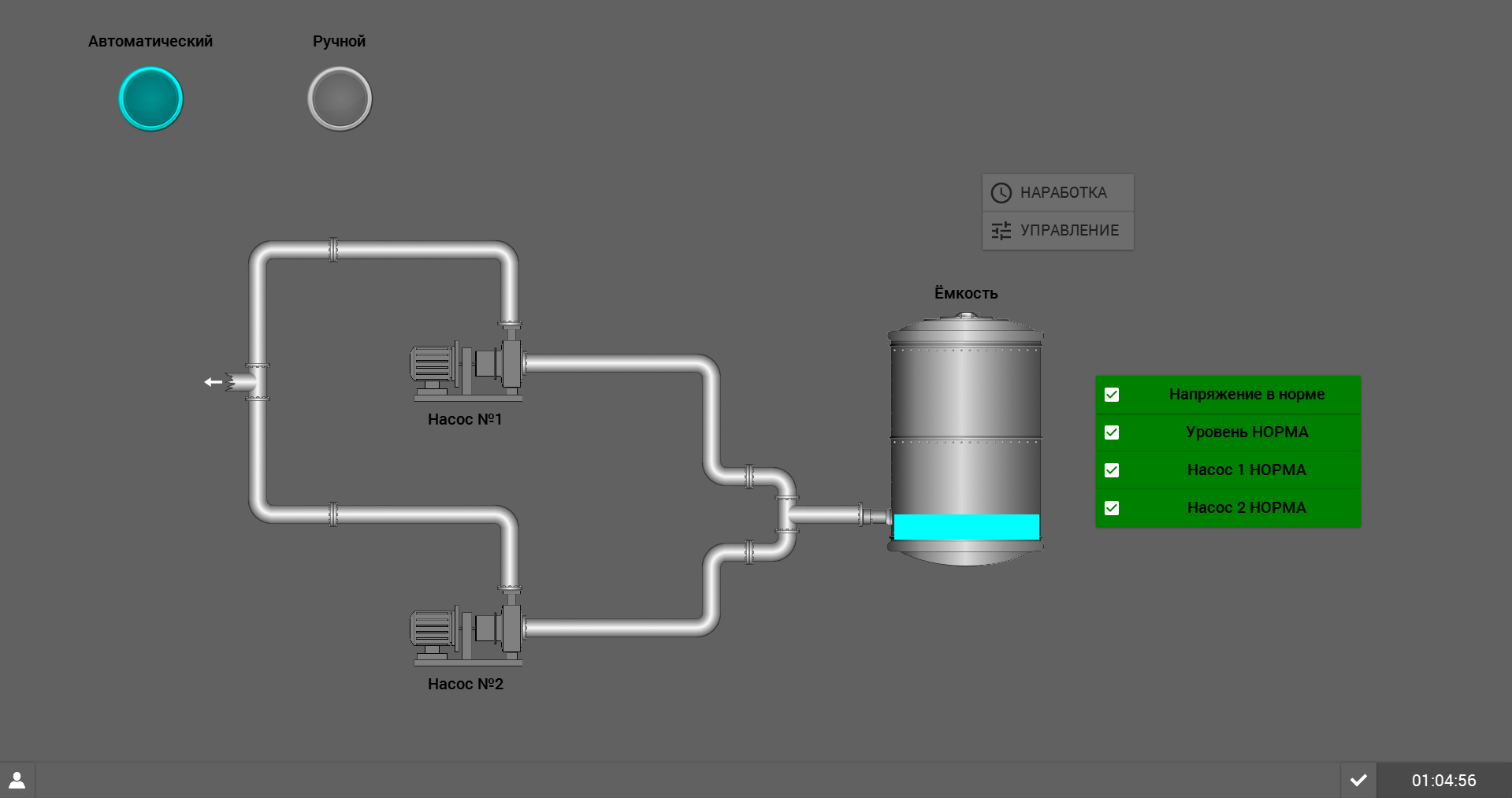 Экран диспетчеризации Simple Scada: мнемосхема станции, насосы, уровень в ёмкости